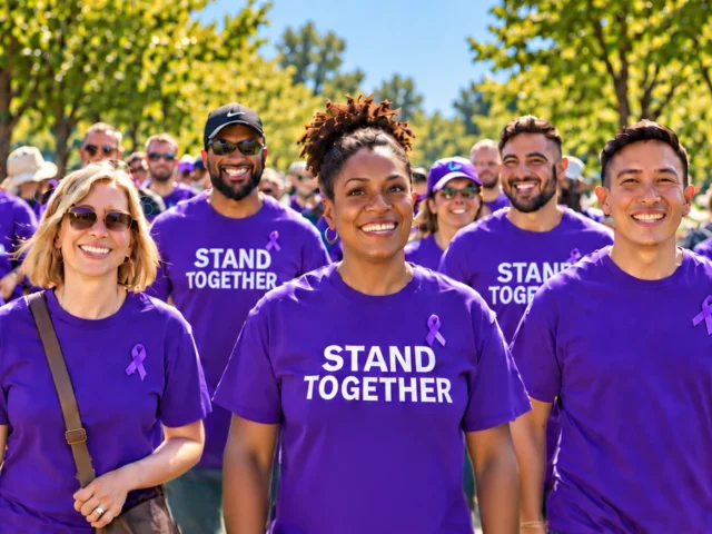 A group of diverse people outdoors smiling and walking together wearing purple 'STAND TOGETHER' t-shirts with purple awareness ribbons in a sunlit park setting.